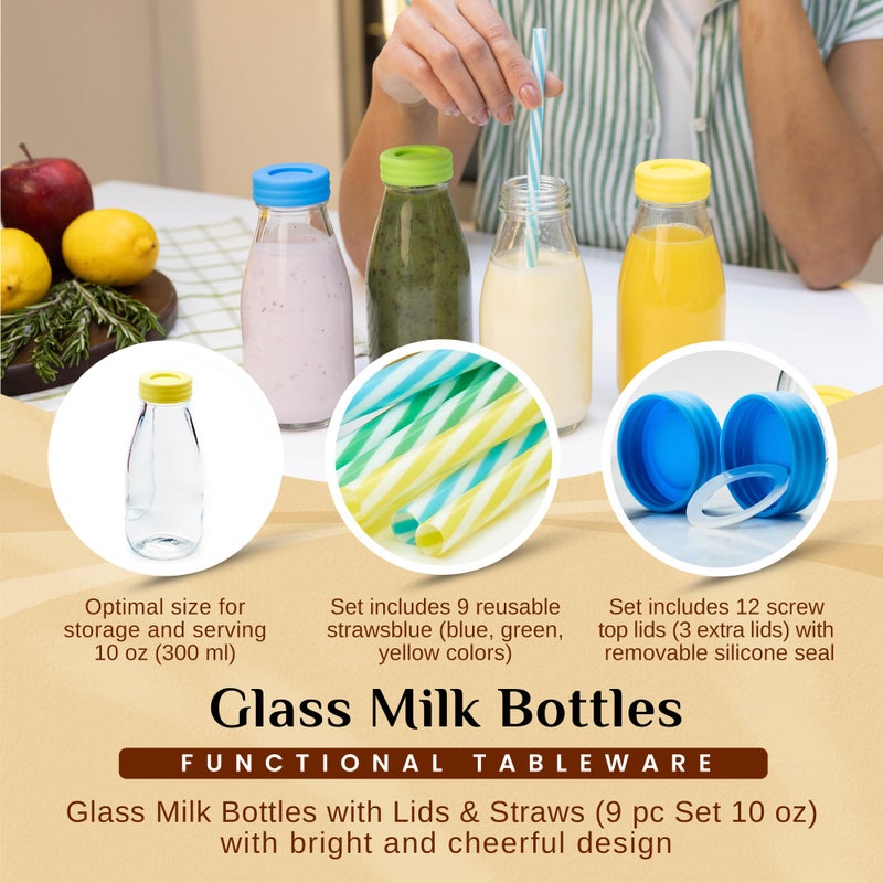 Hayley Cherie 10 oz Glass Milk Bottles with Lids & Straws (9 Pack) Small Airtight Glasses with Caps, Reusable Juicing Bottles for Yogurt, Water, Juice, Smoothies, Drinking, Kids Lunch, Mini Vintage Jars, Container - Image 2